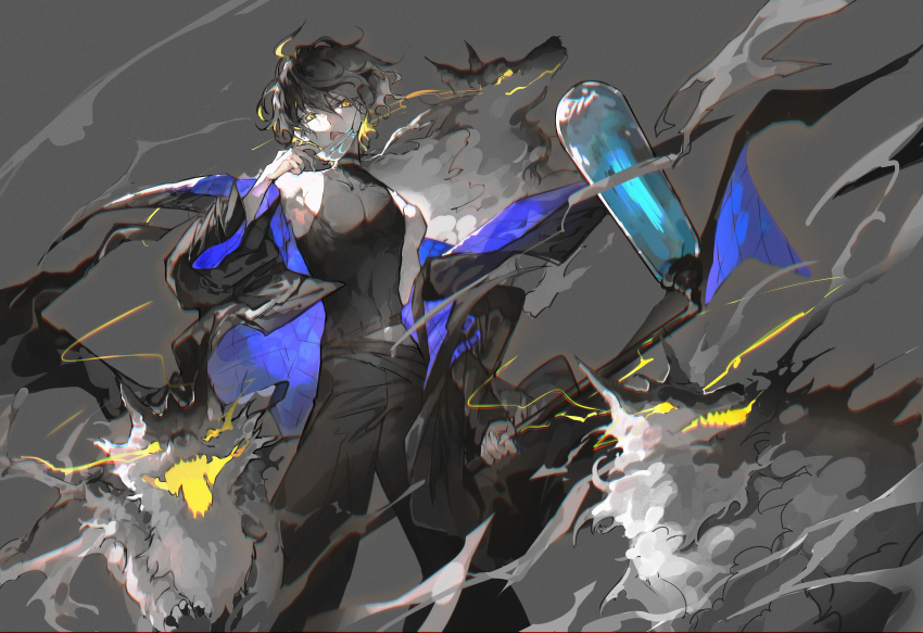 1boy, absurdres, alchemy_stars, black_hair, black_jacket, black_pants, black_shirt, choker