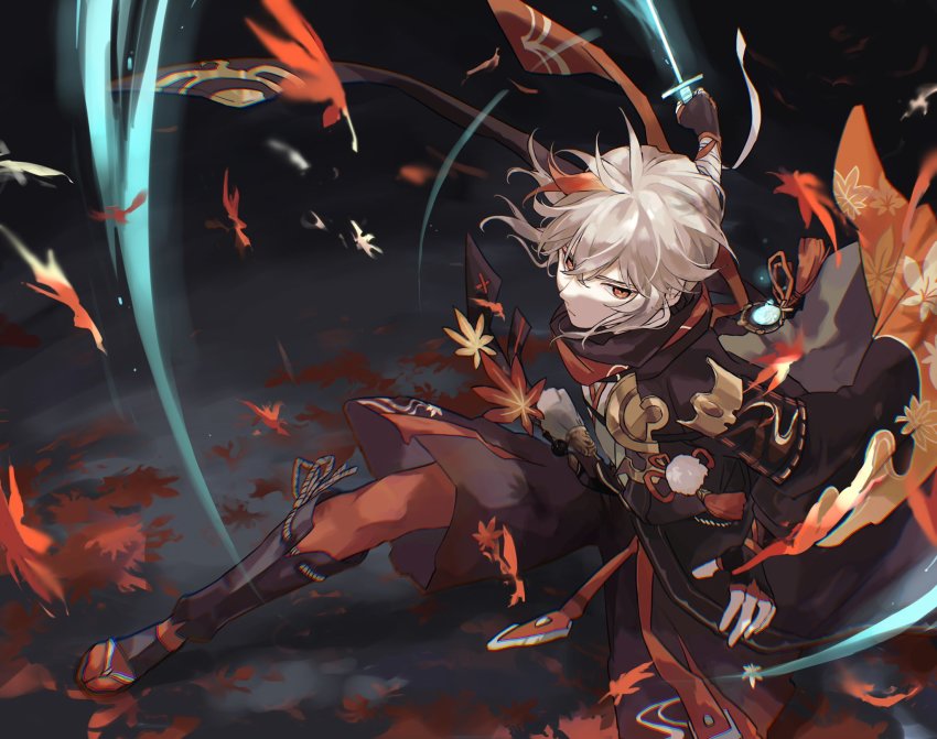 1boy, armor, bandaged_hand, bandages, bishounen, crossed_bangs, genshin_impact, gloves, highres, holding, holding_sword, holding_weapon, japanese_armor, kaedehara_kazuha, katana, leaf, leaf_print, multicolored_hair, red_eyes, red_hair, sandals, shiraishi_(siraisi00), solo, streaked_hair, sword, tassel, two-tone_hair, vision_(genshin_impact), weapon, white_hair