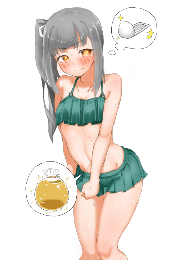 1girl, bag, bare_shoulders, bikini, bikini_skirt, blush, clenched_hand, closed_mouth, collarbone, embarrassed, female_focus, flat_chest, gekiteki_na_beefsteak, green_bikini, grey_hair, groin, hair_ribbon, have_to_pee, kantai_collection, kasumi_(kancolle), leaning_forward, long_hair, looking_at_viewer, navel, one_side_up, orange_eyes, pee, plastic_bag, ribbon, shiny_skin, sidelocks, simple_background, solo, sparkle, speech_bubble, squat_toilet, standing, stomach, sweat, swimsuit, thought_bubble, urine_meter, v-shaped_eyebrows, white_background, white_ribbon