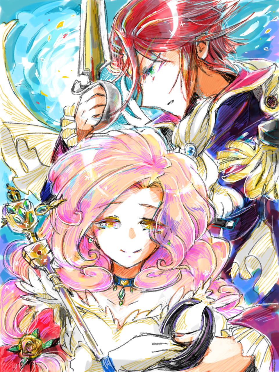 2girls, back_arrow, black_jacket, blue_choker, blue_eyes, choker, collarbone, dress