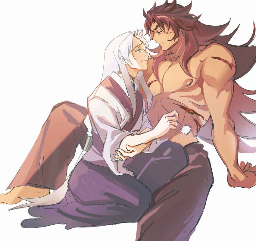 2boys, absurdres, back_arrow, bad_hand, black_pants, bleeding, blood, blue_eyes