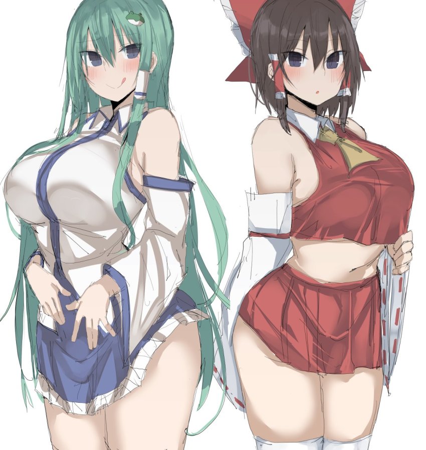 2girls, :o, :q, \||/, ascot, bare_shoulders, blue_eyes, blue_skirt, blush, bow, breasts, brown_hair, collared_vest, cowboy_shot, detached_sleeves, frilled_bow, frilled_hair_tubes, frills, frog_hair_ornament, golgi_hon, green_hair, hair_between_eyes, hair_ornament, hair_tubes, hakurei_reimu, highres, kochiya_sanae, large_breasts, long_hair, long_sleeves, looking_at_viewer, multiple_girls, parted_lips, purple_eyes, red_bow, shirt, short_hair, simple_background, sketch, skirt, thighhighs, tongue, tongue_out, touhou, very_long_hair, vest, white_background, white_legwear, white_shirt, wide_sleeves, wing_collar, yellow_ascot, ||/