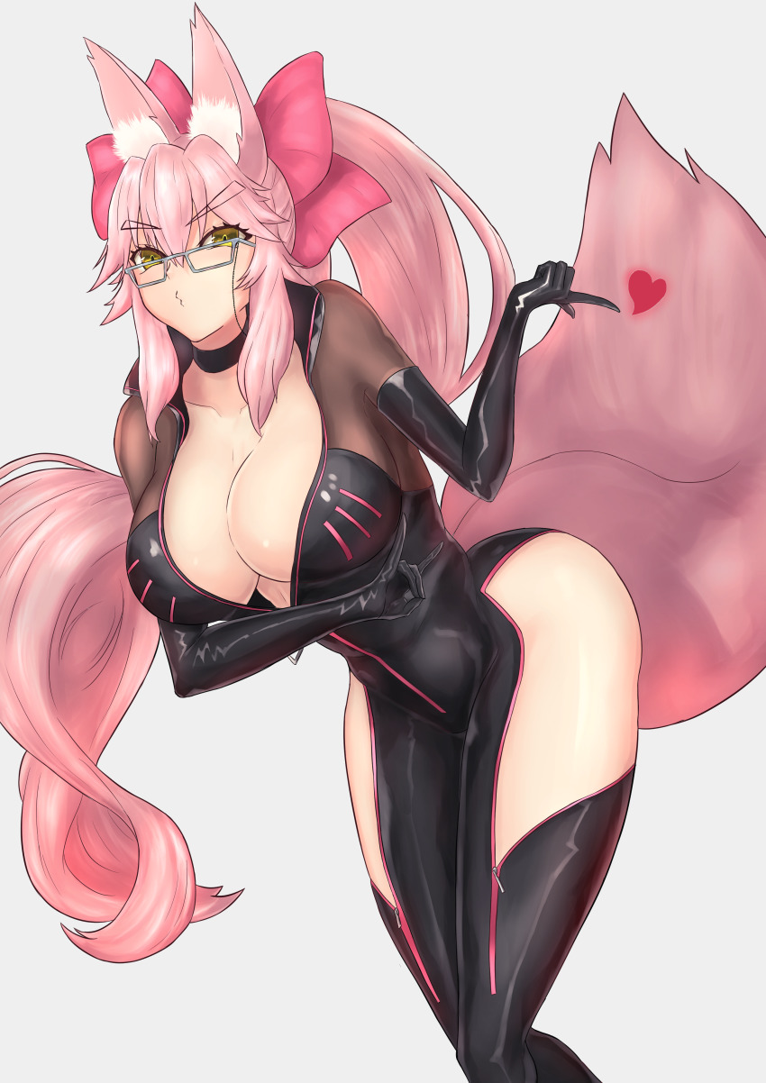 1girl, absurdres, animal_ear_fluff, animal_ears, black_bodysuit, blush, bodysuit, bow