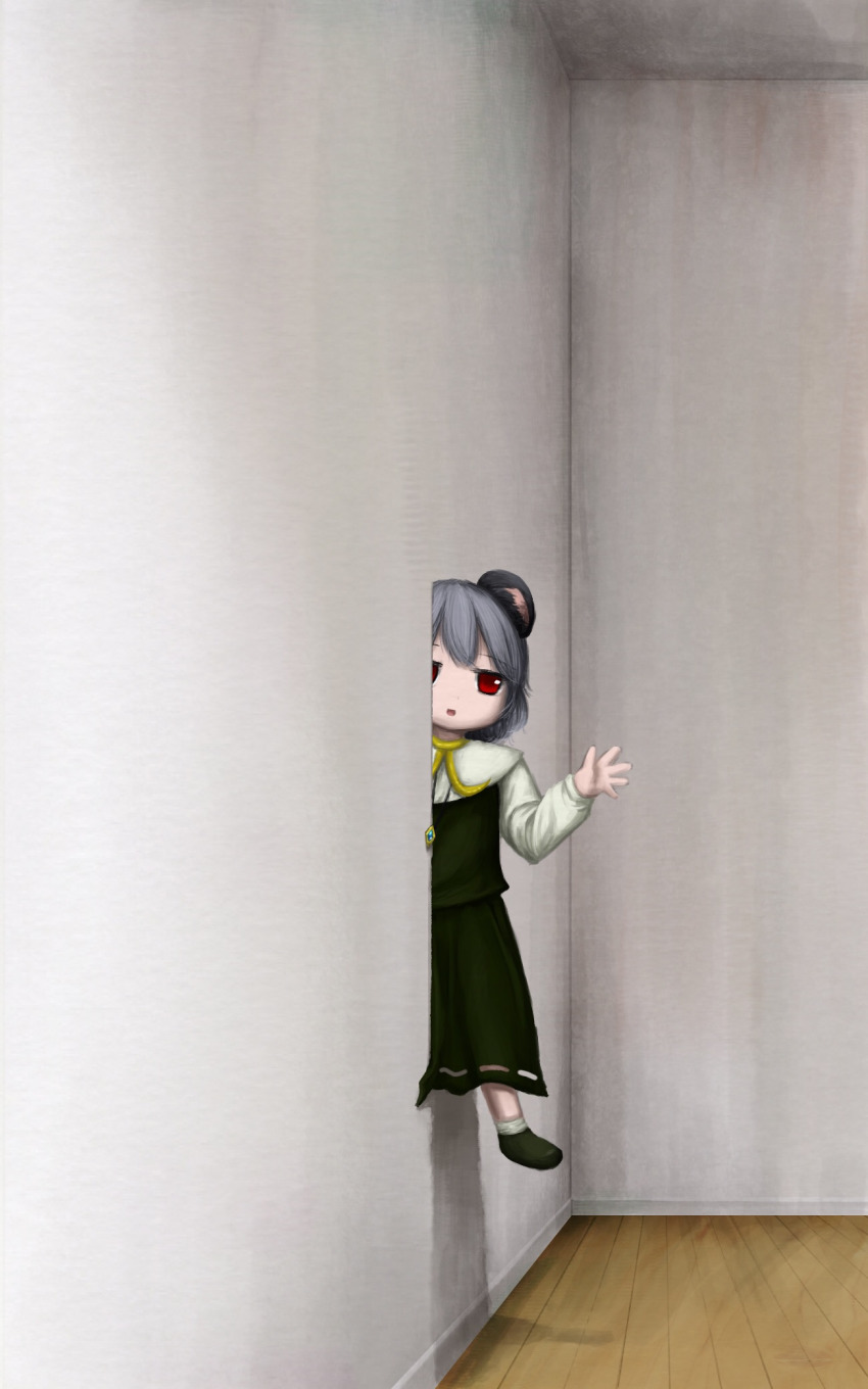 1girl, animal_ears, bad_id, bad_nicoseiga_id, capelet, cookie_(touhou), female_focus, green_shoes, green_skirt, green_vest, grey_hair, highres, indoors, jewelry, looking_at_viewer, mouse_ears, nazrin, nekonekosan_(kemushima3), noclip, nyon_(cookie), open_mouth, pendant, red_eyes, shirt, shoes, short_hair, skirt, socks, solo, surreal, through_wall, touhou, vest, white_capelet, white_shirt, white_socks