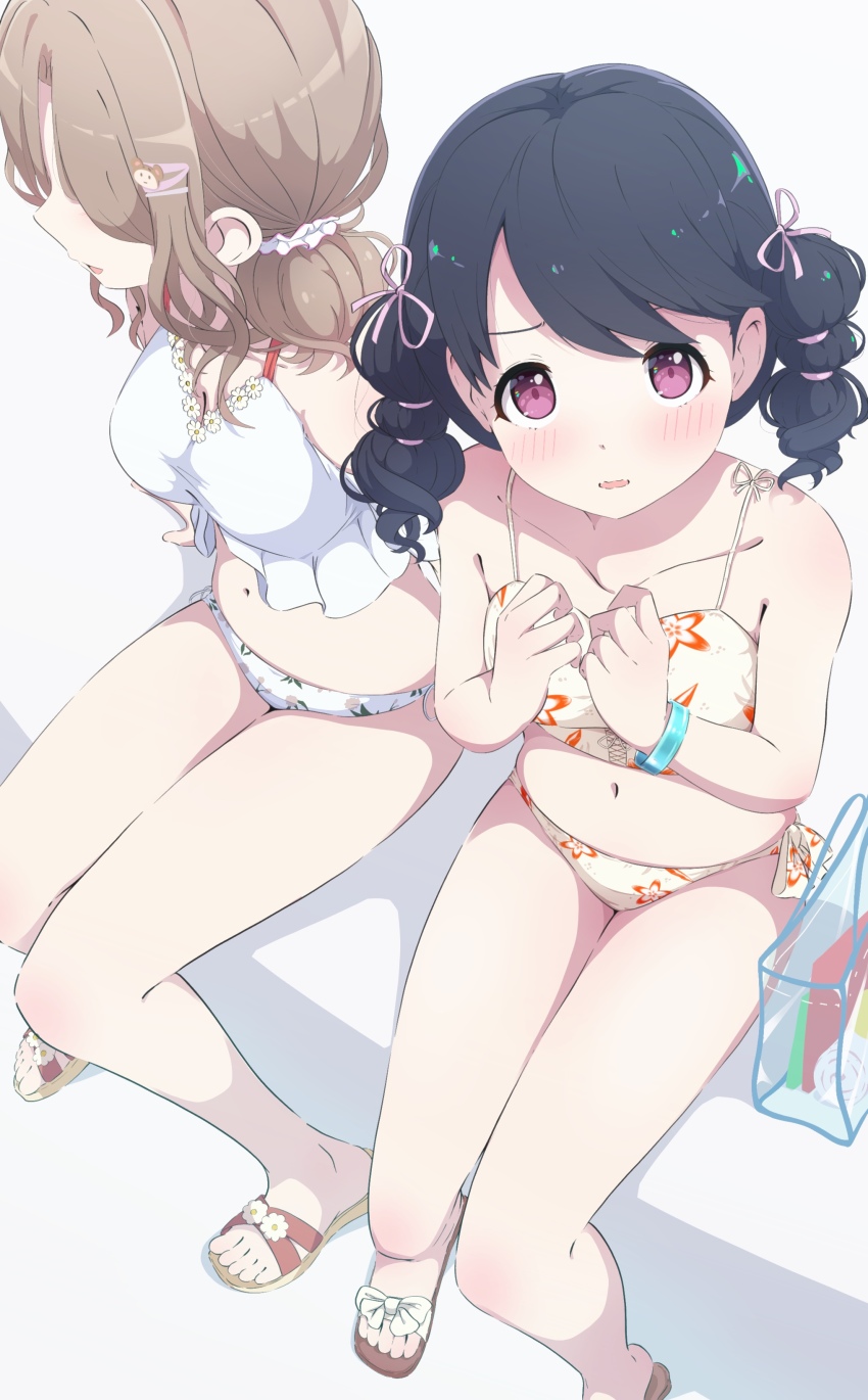 2girls, absurdres, bag, bare_legs, bikini, black_hair, blush, breasts