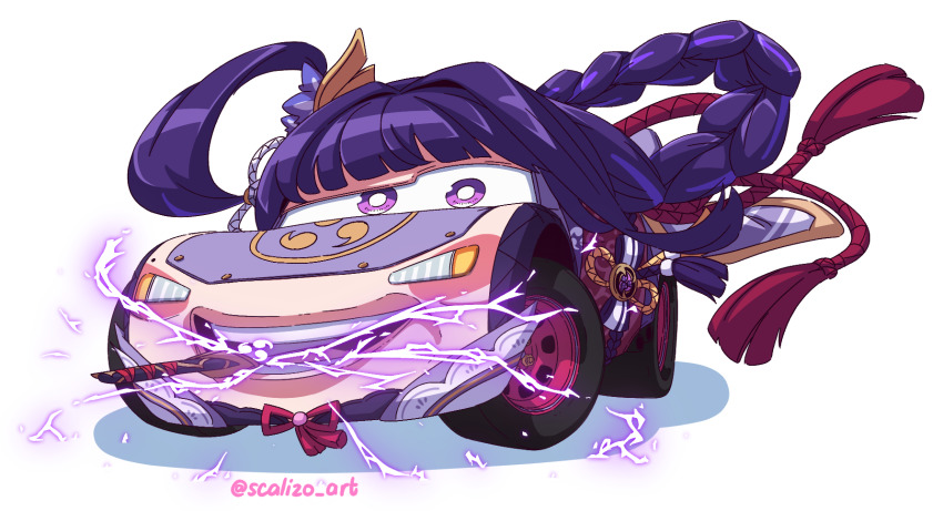 artist_name, blunt_bangs, bow, bowtie, braid, car, cars_(movie), commentary, crossover, electricity, english_commentary, flower, genshin_impact, hair_intakes, hair_ornament, highres, lace_trim, lightning_mcqueen, long_hair, looking_at_viewer, mitsudomoe_(shape), mole, motor_vehicle, mouth_hold, nut_(hardware), objectification, open_mouth, purple_eyes, purple_flower, purple_hair, raiden_shogun, raised_eyebrow, rope, scalizo, shadow, shimenawa, simple_background, solo, sword, teeth, tomoe_(symbol), twitter_username, unused_tire, vehicalization, weapon, what, wheel, white_background