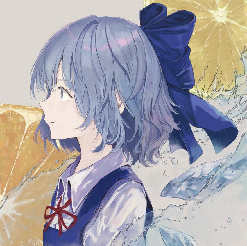 1girl, blue_bow, blue_dress, blue_eyes, blue_hair, bow, cirno, closed_mouth