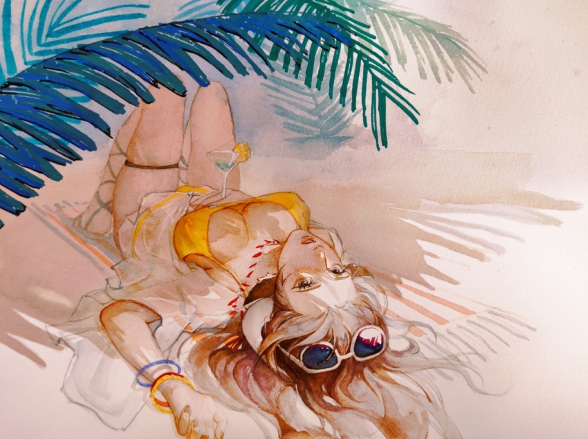 1girl, arknights, beach, bikini, bracelet, breasts, brown_hair, cleavage