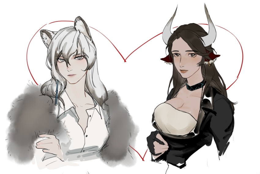 2girls, animal_ears, arknights, black_eyes, breasts, choker, cleavage, crossed_arms