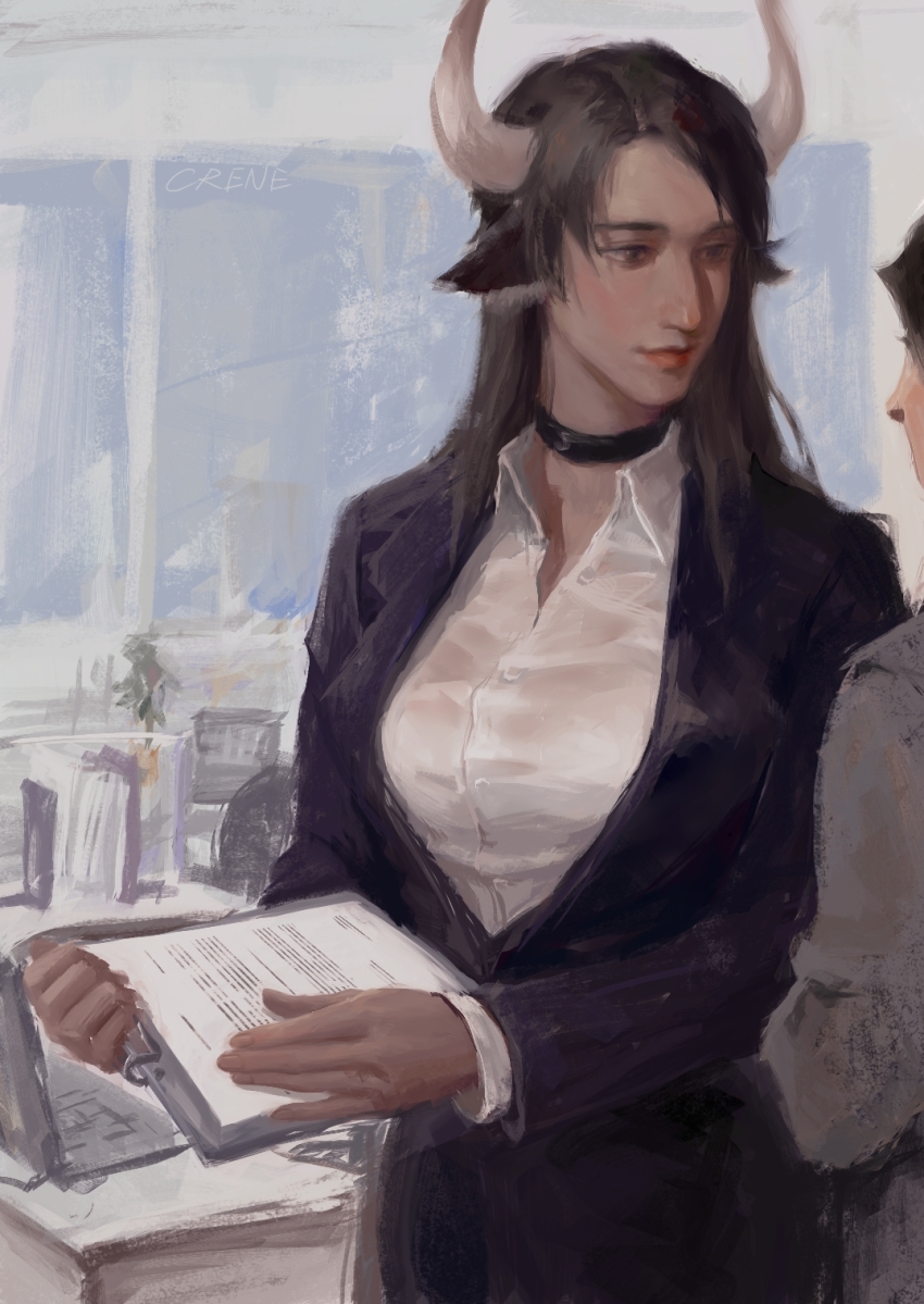 1girl, animal_ears, arknights, black_hair, black_suit, choker, clipboard, computer, eye_contact, formal_clothes, genderswap, genderswap_(mtf), highres, horns, indoors, laptop, long_hair, long_sleeves, looking_at_another, matterhorn_(arknights), shirt, suit, the_old_crane, white_shirt