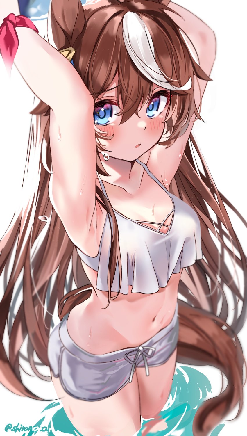 1girl, absurdres, animal_ears, arms_behind_head, bikini, blue_eyes, blush, breasts
