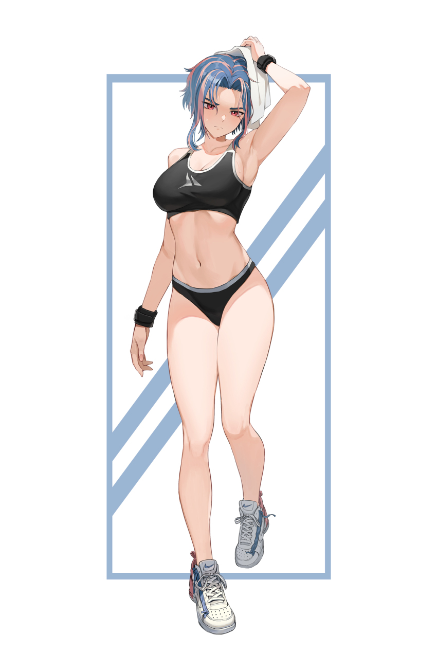 1girl, arm_up, armpits, black_bra, black_panties, blue_hair, boku_no_hero_academia, bra, breasts, cleavage, commission, crop_top, drying, drying_hair, drying_own_hair, gym_uniform, highres, jason_kim, lady_nagant, legs_together, long_legs, multicolored_hair, navel, nike_(company), nike_air_force_1, panties, pink_hair, pixiv_commission, red_eyes, shoes, short_hair, sneakers, sports_bra, sweat, sweatdrop, tank_top, underwear, wristband