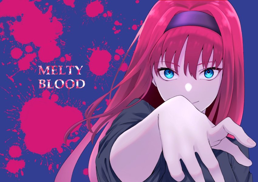 1girl, alternate_color, black_hairband, black_shirt, blood, blood_splatter, blouse, blue_background