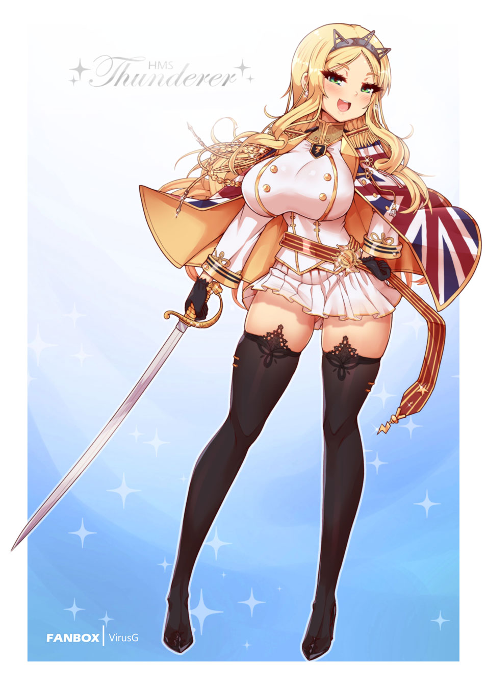 1girl, black_boots, black_gloves, blonde_hair, boots, breasts, character_name, commentary, commission, english_commentary, flag_print, full_body, gloves, green_eyes, highres, holding, holding_sword, holding_weapon, large_breasts, long_hair, miniskirt, original, personification, pleated_skirt, print_capelet, shirt, skirt, solo, standing, sword, thigh_boots, thighhighs, thunderer_(world_of_warships), union_jack, virus-g, weapon, white_shirt, world_of_warships
