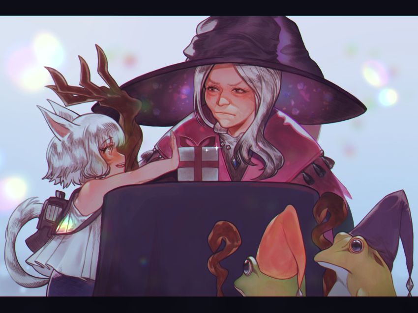 2girls, aged_down, animal_ears, backpack, bag, box, brown_eyes, cat_ears, cat_tail, child, closed_mouth, dark-skinned_female, dark_skin, facial_mark, final_fantasy, final_fantasy_xiv, frog, gift, gift_box, grey_hair, hat, letterboxed, long_hair, looking_at_another, matoya_(ff14), miqo'te, multiple_girls, noboru_ru, poroggo_(final_fantasy), sleeveless, tail, whisker_markings, witch_hat, y'shtola_rhul