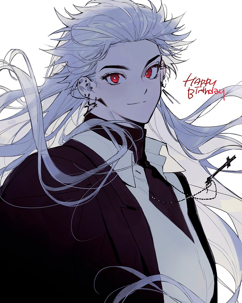 1girl, cross, cross_earrings, cross_necklace, dorohedoro, earrings, formal_clothes, gloves, highres, inverted_cross, inverted_cross_earrings, inverted_cross_necklace, jewelry, long_hair, looking_at_viewer, muscular, muscular_female, necklace, noi_(dorohedoro), odagorom, red_eyes, simple_background, smile, solo, white_hair