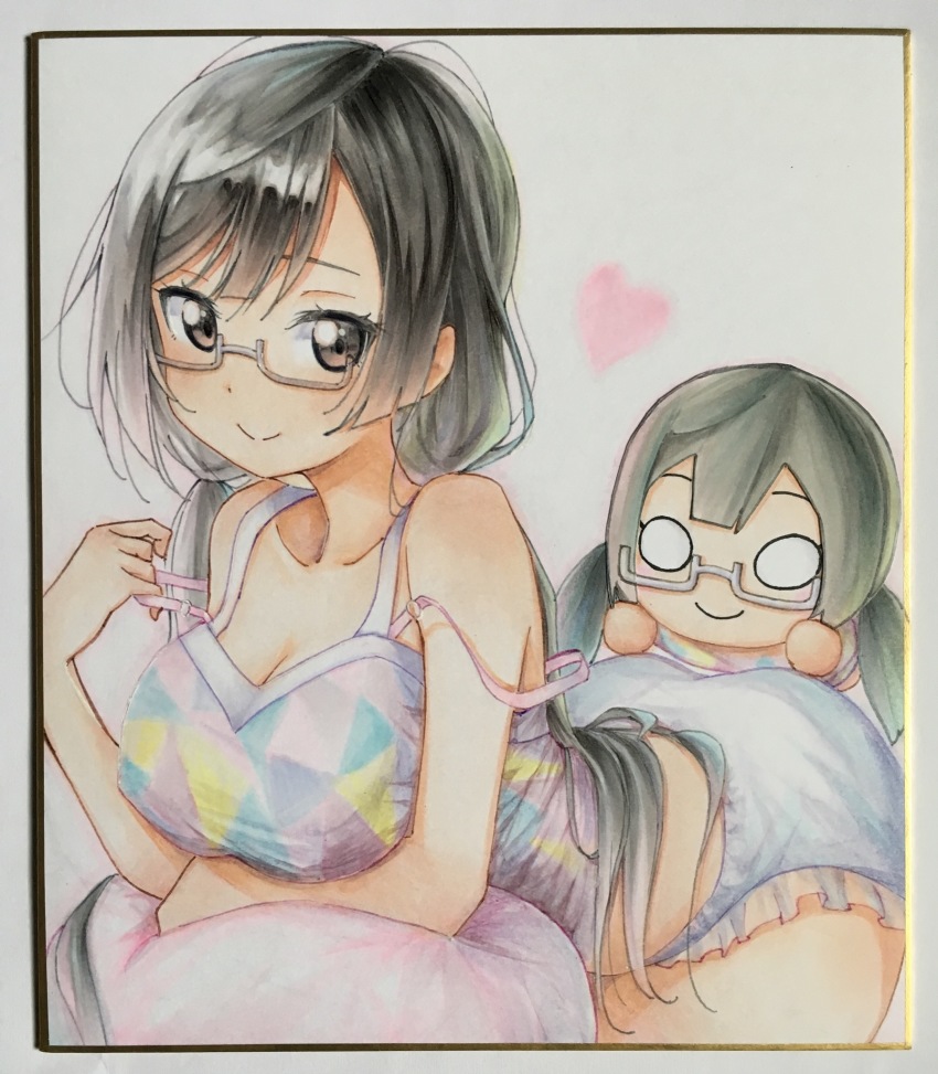 1girl, black_hair, breasts, cleavage, collarbone, glasses, heart, highres, large_breasts, leaning_forward, looking_at_viewer, love_live!, love_live!_nijigasaki_high_school_idol_club, lying, marker_(medium), nakagawa_nana, smile, takakiyo_kon, traditional_media, yuki_setsuna, yuki_setsuna_(love_live!)