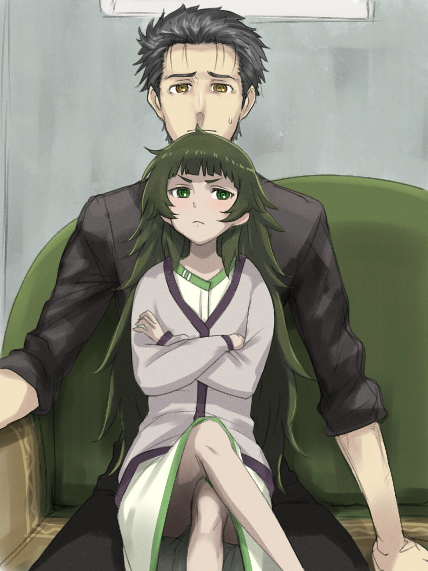 1boy, 1girl, ahoge, annoyed, black_hair, black_pants, black_shirt, blush, brown_eyes, couch, crossed_arms, crossed_legs, green_eyes, green_hair, highres, hiyajou_maho, jacket, long_hair, menomorute, messy_hair, okabe_rintarou, okabe_rintarou_(beta), pants, science_adventure, shirt, short_hair, sitting, sitting_on_lap, sitting_on_person, size_difference, steins;gate, steins;gate_0, sweatdrop, very_long_hair