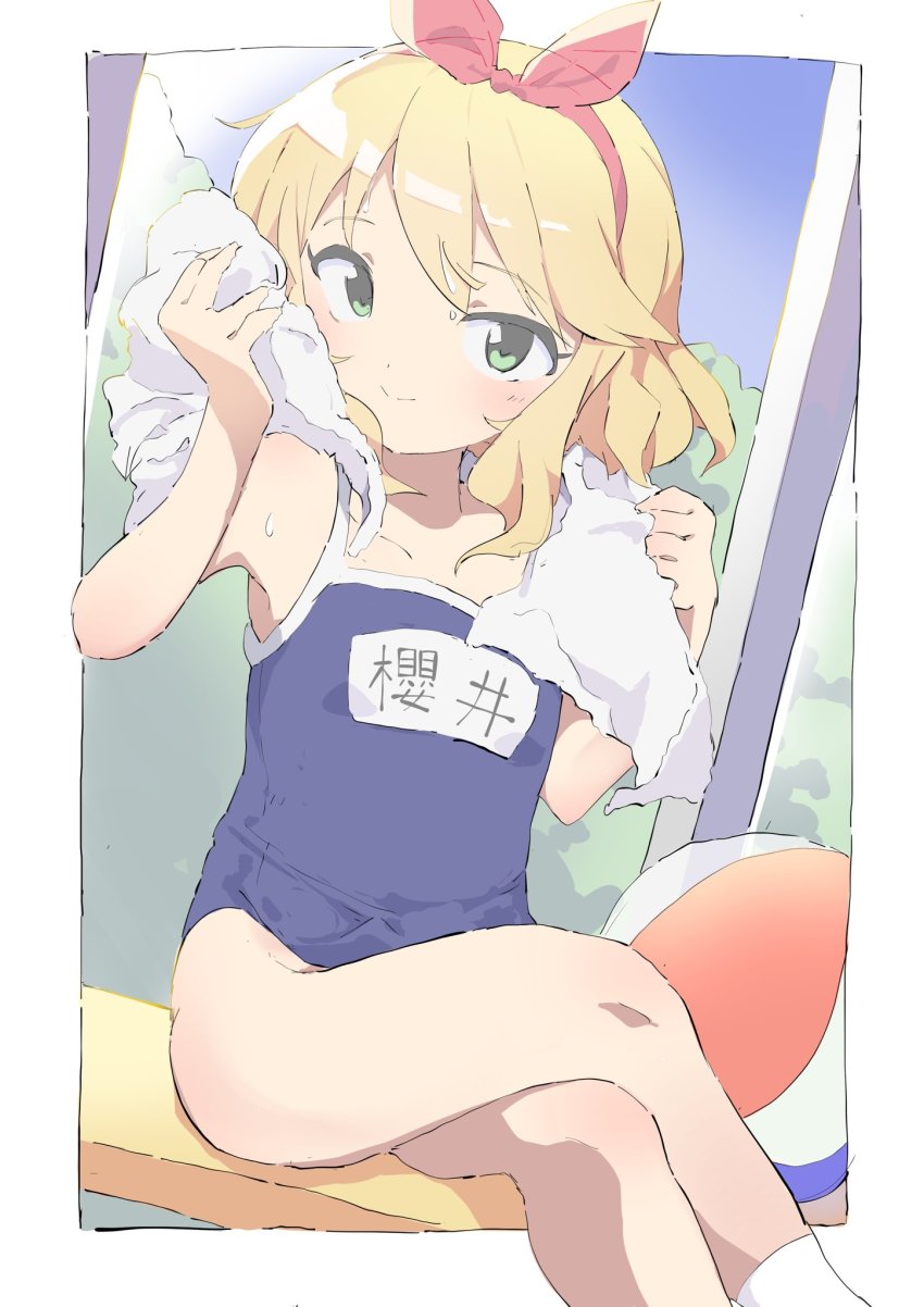 1girl, ball, beachball, blonde_hair, blue_one-piece_swimsuit, commentary_request, dutch_angle, fuyubone