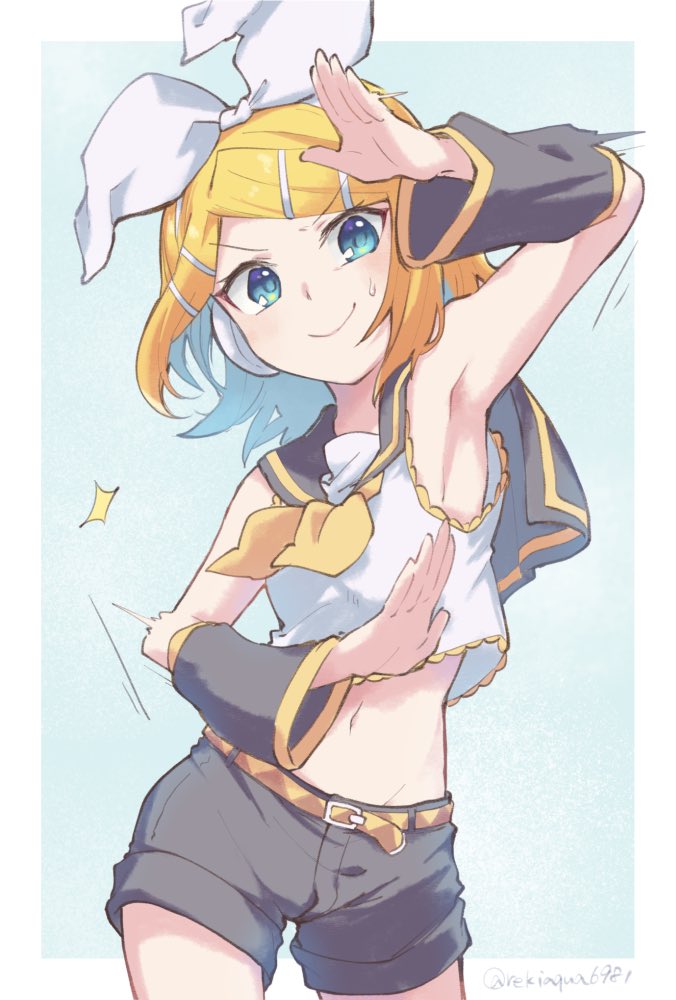 1girl, aqua_eyes, arm_warmers, armpits, blonde_hair, bow, collar, commentary, contrapposto, cowboy_shot, crop_top, grey_collar, grey_shorts, grey_sleeves, hair_bow, hair_ornament, hairclip, hand_up, headphones, kagamine_rin, light_blush, looking_at_viewer, midriff, motion_blur, navel, neckerchief, reki_(arequa), sailor_collar, school_uniform, shirt, short_hair, short_shorts, shorts, sleeveless, sleeveless_shirt, smile, solo, sparkle, sweatdrop, swept_bangs, twitter_username, v-shaped_eyebrows, vocaloid, white_bow, white_shirt, yellow_neckerchief