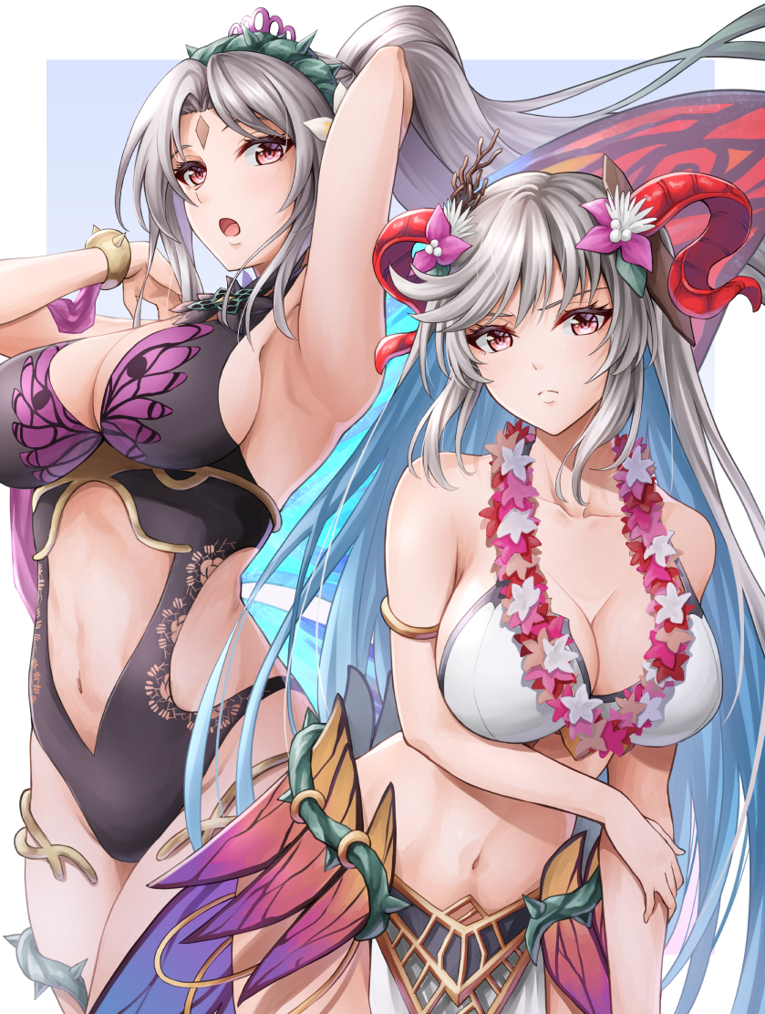 2girls, alternate_costume, arm_up, armlet, armpits, bikini, black_one-piece_swimsuit, blue_hair