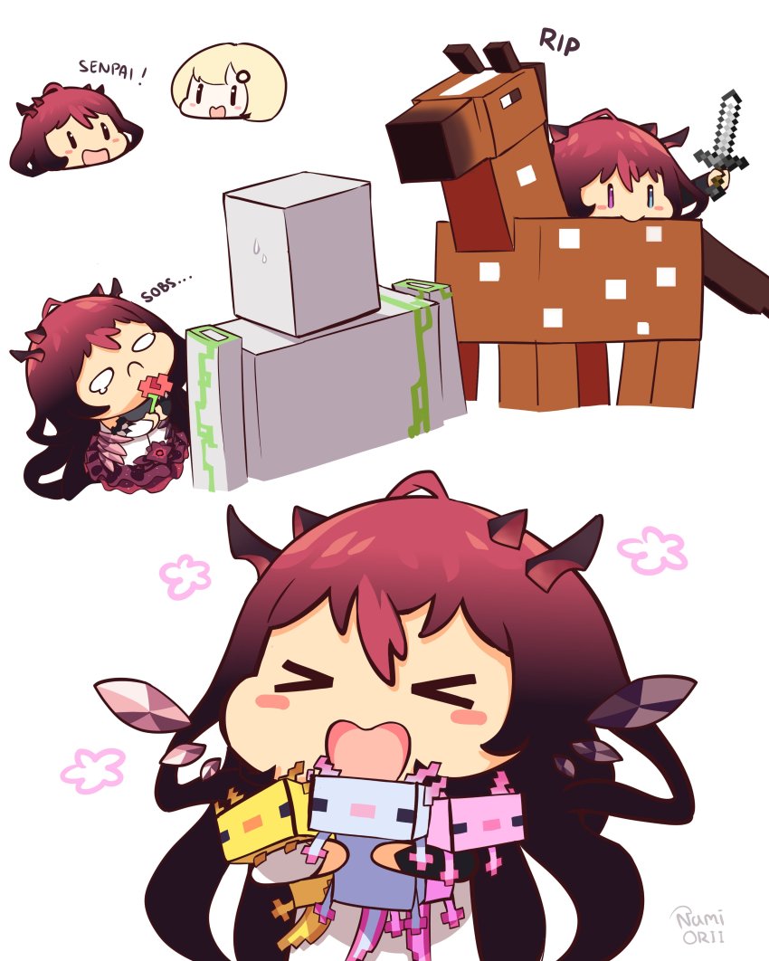 >_<, 2girls, absurdres, animal, axolotl, axolotl_(minecraft), black_eyes, blonde_hair, chibi, flower, hair_ornament, highres, holding, holding_animal, holding_flower, holding_sword, holding_weapon, hololive, hololive_english, horns, horse, horse_(minecraft), iron_golem_(minecraft), irys_(hololive), minecraft, minecraft_sword, multiple_girls, namiorii, open_mouth, purple_hair, purple_skirt, skirt, smile, sword, virtual_youtuber, watson_amelia, weapon, white_background