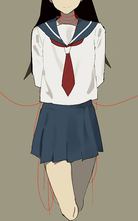 1girl, arms_behind_back, bare_legs, beige_background, black_hair, blouse, blue_sailor_collar, blue_skirt