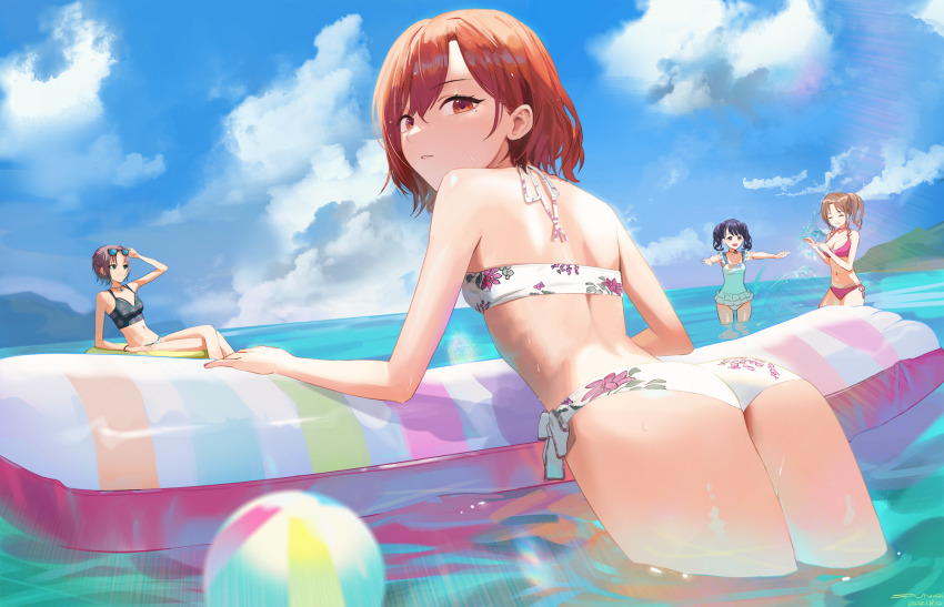 4girls, asakura_toru, ass, bad_id, bad_pixiv_id, bikini, blue_sky, bracelet, breasts, dated, fukumaru_koito, glasses_on_head, highres, higuchi_madoka, ichikawa_hinana, idolmaster, idolmaster_shiny_colors, inflatable_toy, jewelry, large_breasts, light_brown_hair, looking_at_viewer, looking_back, medium_breasts, medium_hair, midriff, mole, mole_under_eye, multiple_girls, navel, necklace, ocean, outdoors, parted_lips, partially_submerged, purple_hair, red_eyes, red_hair, side-tie_bikini_bottom, sky, small_breasts, solo_focus, spung, sunglasses, swimsuit, twintails, wet