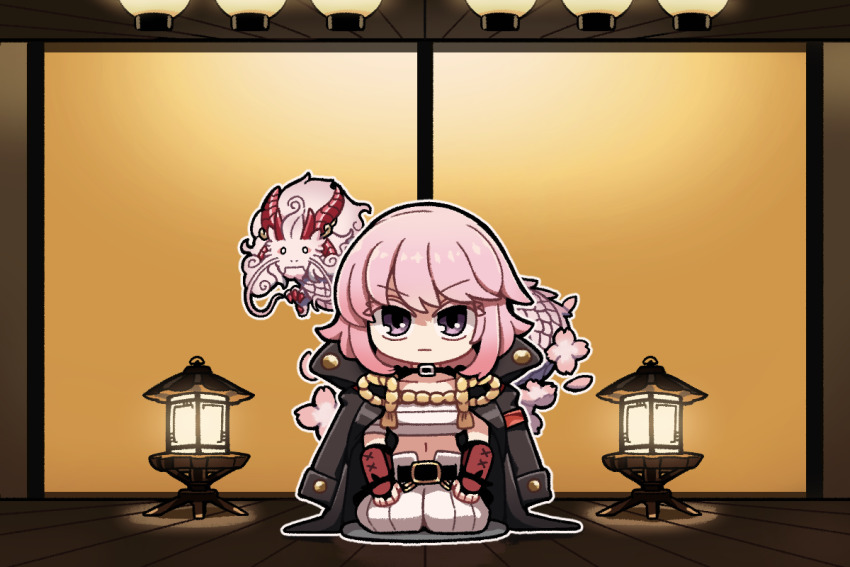1girl, alchemy_stars, cherry_blossoms, chibi, closed_mouth, commentary, dragon, gauntlets, hiiro_(alchemy_stars), horns, jacket, jacket_on_shoulders, kumakun, lantern, looking_at_viewer, navel, pants, paper, pink_hair, purple_eyes, rope, sarashi, scales, seiza, shimenawa, sitting, sliding_doors, solo, white_pants, wooden_lantern