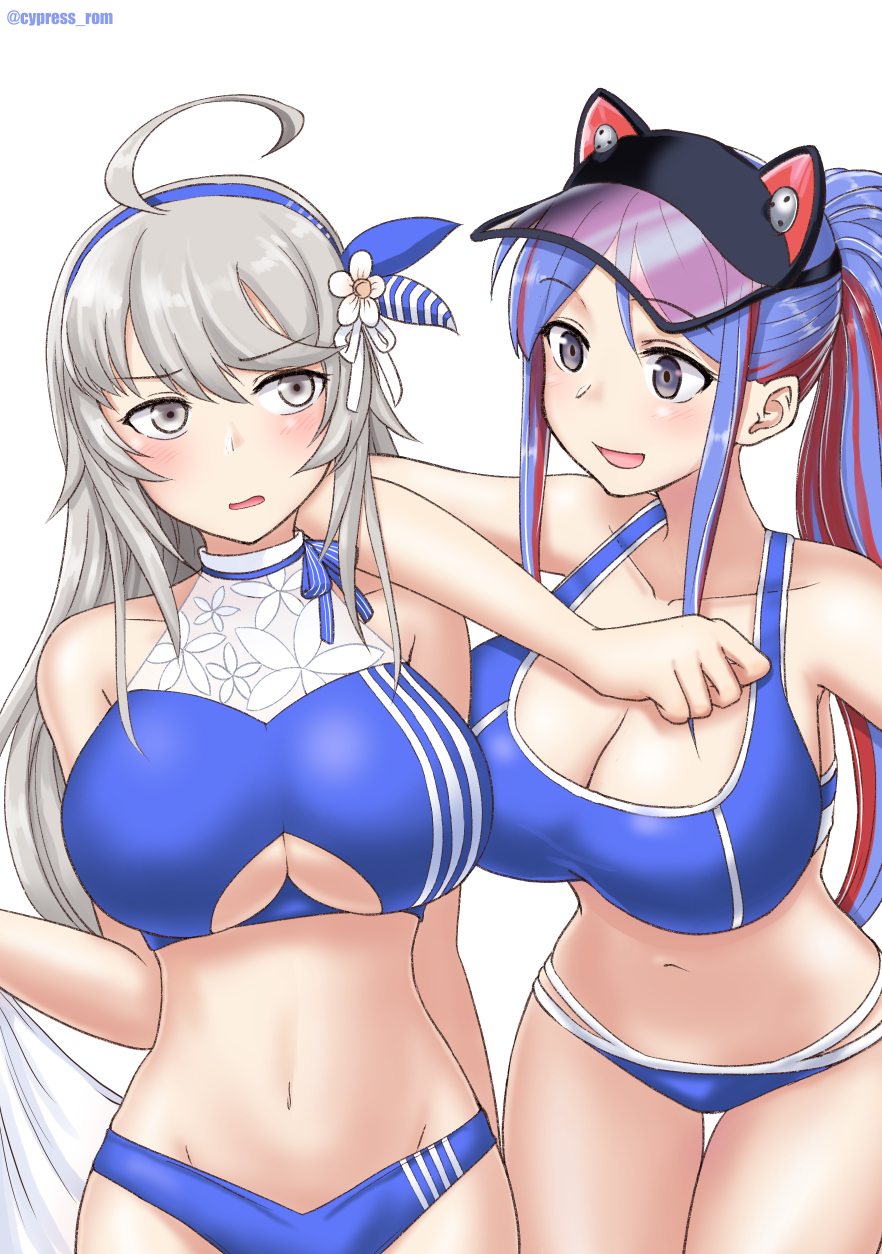 2girls, ahoge, bare_arms, bare_shoulders, bikini, blue_bikini, blue_hair, blush