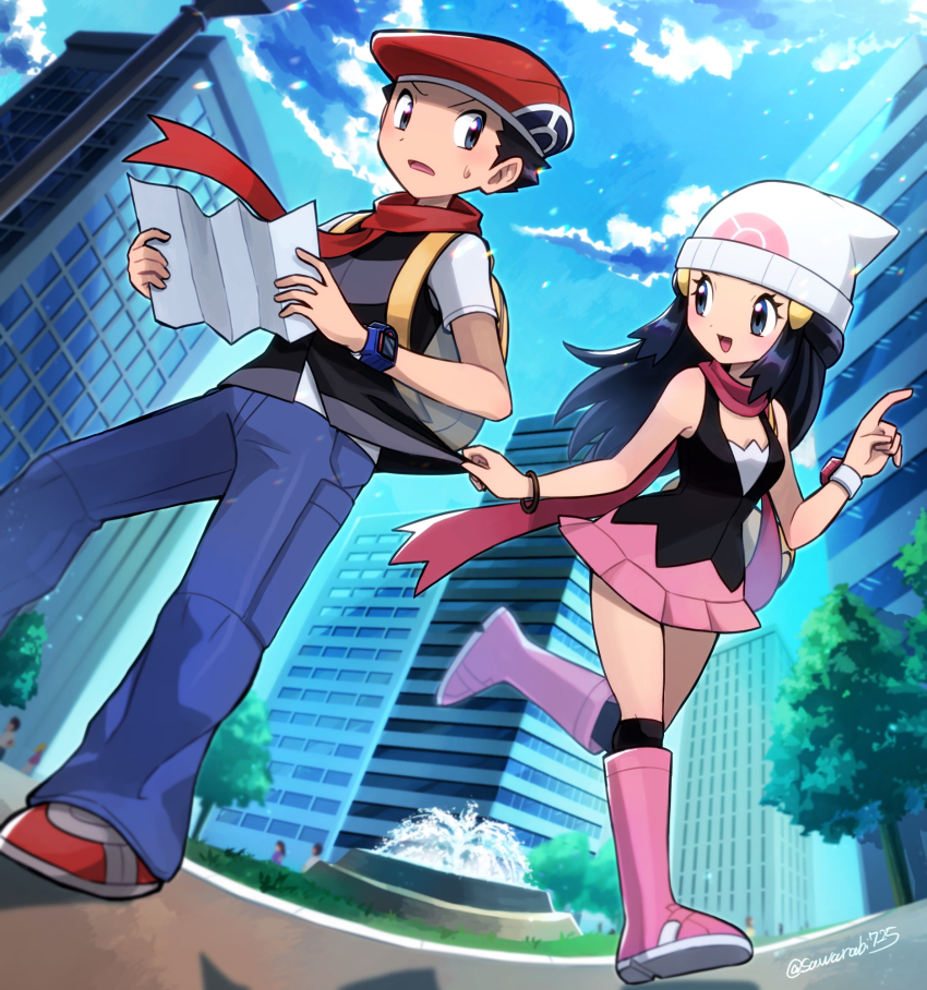 1boy, 1girl, backpack, bag, bare_legs, beanie, black_eyes, black_hair