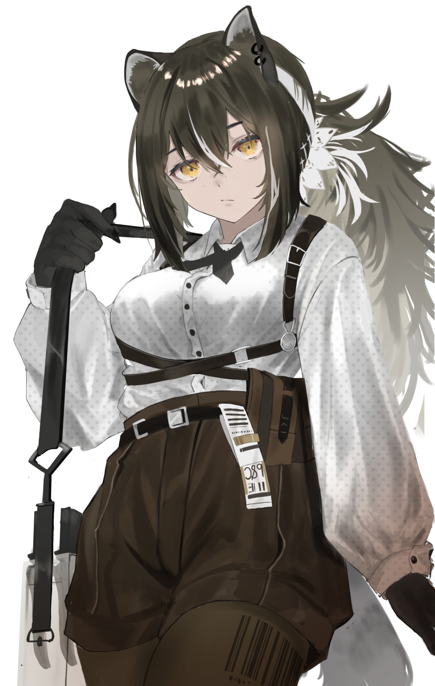1girl, absurdres, animal_ears, animal_hands, arknights, bags_under_eyes, barcode, black_shorts, brown_hair, closed_mouth, collared_shirt, cowboy_shot, cross_tie, expressionless, freckles, highres, holding_strap, long_hair, long_sleeves, okayannosuke, pantyhose, polka_dot, polka_dot_shirt, ponytail, raccoon_ears, raccoon_girl, raccoon_tail, robin_(arknights), shirt, shorts, solo, standing, tail, white_background, white_shirt, yellow_eyes