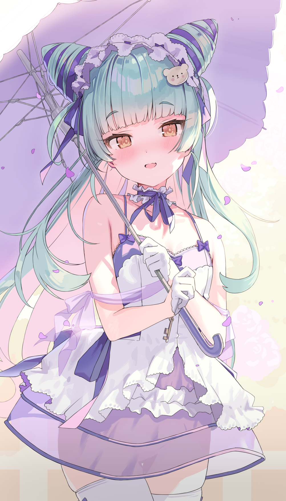 1girl, aqua_hair, blunt_bangs, blush, breasts, choker, cone_hair_bun, dress