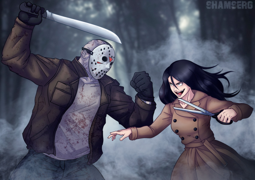 1boy, 1girl, battle, black_hair, blood, breasts, coat, commission, crossover, fighting, friday_the_13th, glasgow_smile, gloves, hockey_mask, holding, holding_scissors, holding_weapon, jacket, japanese_urban_legends, jason_voorhees, kuchisake-onna, long_hair, machete, mask, open_mouth, original, red_eyes, scissors, shamserg, shirt, skirt, smile, traditional_youkai, trench_coat, urban_legend, weapon