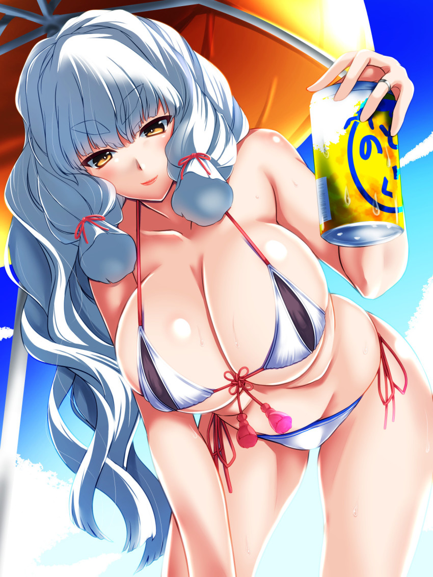 1girl, adapted_costume, aged_up, alternate_breast_size_(larger), bikini, blunt_bangs, breasts, front-tie_bikini_top