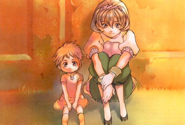 gensou_suikoden, gensou_suikoden_ii, nanami_(suikoden), pilika, sitting, sunset
