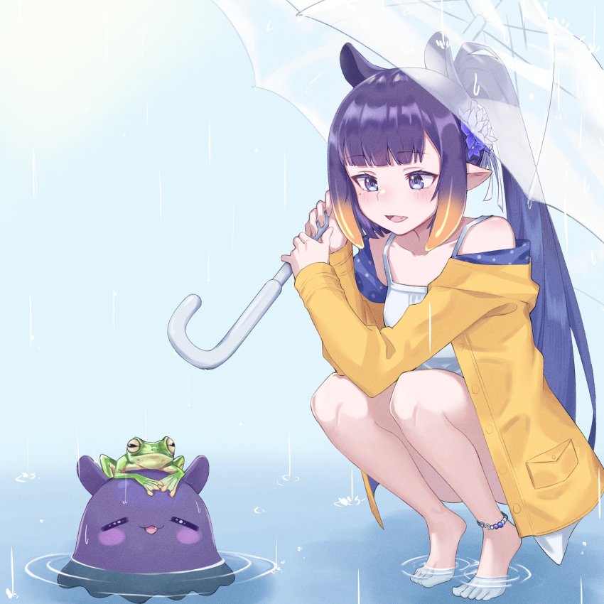 1girl, absurdres, anklet, barefoot, blunt_bangs, dress, feet, frog