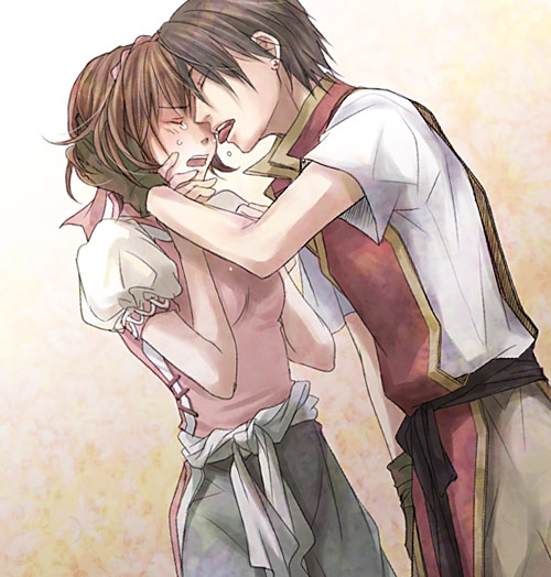 1boy, 1girl, black_hair, brown_hair, closed_eyes, couple, earrings, gensou_suikoden, gensou_suikoden_i, gensou_suikoden_ii, gloves, hand_on_another's_face, hetero, jewelry, licking, nanami_(suikoden), pants, puffy_sleeves, sad, sagano_(saga_no), shirt, short_hair, tears, tir_mcdohl, tongue