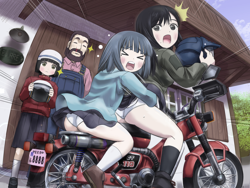 >_<, 1boy, 3girls, apron, beard, bicycle, black_eyes, black_hair