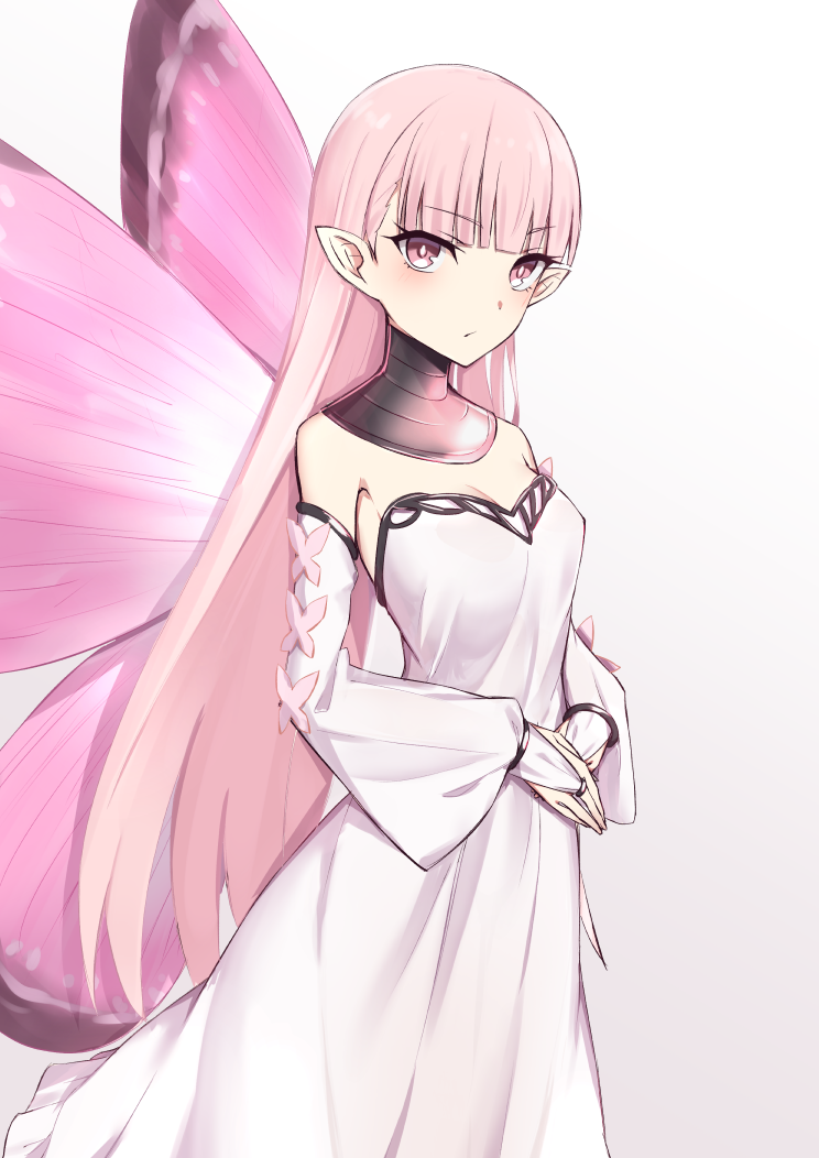 1girl, bare_shoulders, blonde_hair, breasts, butterfly_wings, coral_(fate), detached_sleeves, dress, elfenlied22, fairy, fairy_wings, fate/grand_order, fate_(series), insect_wings, jewelry, long_hair, looking_at_viewer, medium_breasts, neck_ring, pink_eyes, pointy_ears, puffy_sleeves, solo, white_dress, wings