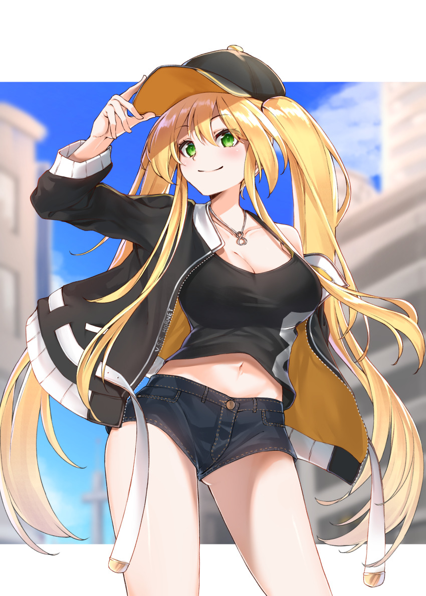1girl, absurdres, adjusting_clothes, adjusting_headwear, arm_up, azur_lane, baseball_cap, black_hat, black_jacket, black_tail, blonde_hair, blue_sky, blurry, blurry_background, blush, breasts, casual, cleavage, clip_studio_paint_(medium), closed_mouth, clothes_writing, cloud, collarbone, commentary_request, cowboy_shot, crop_top, day, denim, denim_shorts, green_eyes, groin, hair_between_eyes, hat, highres, hornet_(azur_lane), jacket, jewelry, karla_(kimidori3), large_breasts, long_hair, long_sleeves, midriff, navel, necklace, off_shoulder, open_clothes, open_jacket, short_shorts, shorts, sidelocks, single_bare_shoulder, sky, smile, solo, standing, taut_clothes, twintails, very_long_hair, white_background