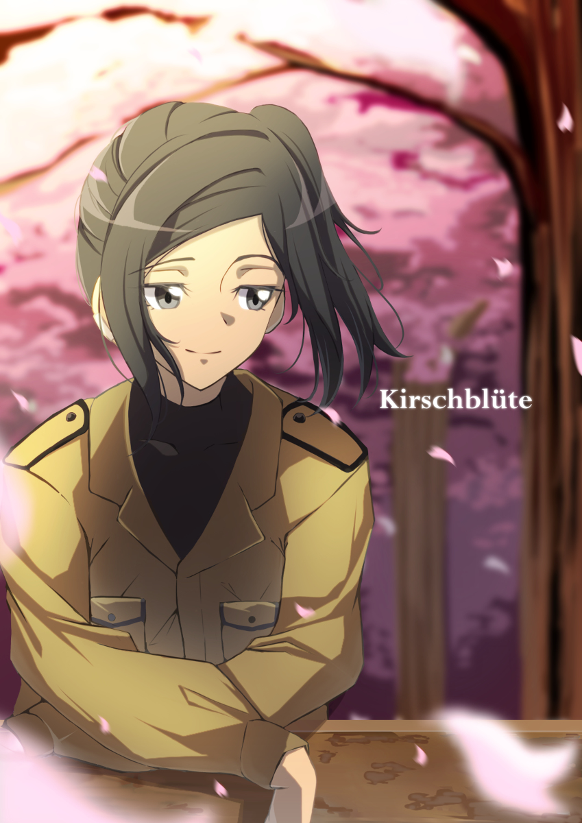 1girl, 86_-eightysix-, black_hair, flower, harikonoma, highres, kaie_taniya, ponytail