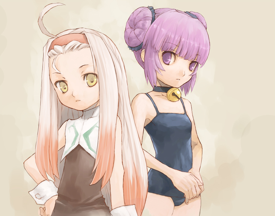 2girls, ahoge, bad_id, bad_pixiv_id, bell, choker, collar, flat_chest, hairband, jingle_bell, multiple_girls, neck_bell, official_alternate_costume, one-piece_swimsuit, poisson_(tales), pota, pota_(nabrinko), purple_eyes, purple_hair, school_swimsuit, sophie_(beach_kitty)_(tales), sophie_(tales), swimsuit, tales_of_(series), tales_of_graces, yellow_eyes