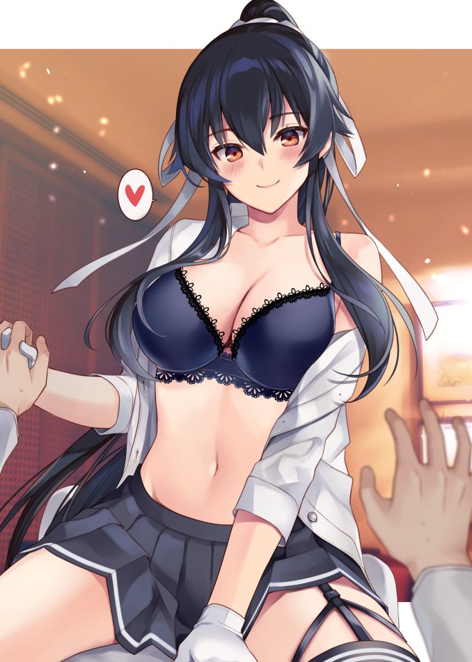 1boy, 1girl, assertive_female, black_bra, black_hair, black_skirt, blush, border, bra, breasts, brown_eyes, cleavage, closed_mouth, collarbone, garter_straps, girl_on_top, gloves, hair_ribbon, heart, hetero, high_ponytail, holding_hands, ichinomiya_(blantte), indoors, interlocked_fingers, kantai_collection, lace, lace-trimmed_bra, lace_trim, large_breasts, long_hair, looking_at_viewer, navel, open_clothes, open_shirt, outside_border, pleated_skirt, ponytail, pov, pov_hands, ribbon, shirt, sidelocks, single_garter_strap, skirt, smile, solo_focus, spoken_heart, straddling, underwear, very_long_hair, white_border, white_gloves, white_ribbon, white_shirt, yahagi_(kancolle)
