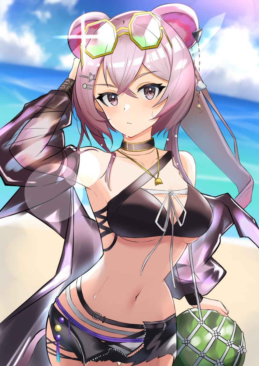 1girl, absurdres, animal_ears, arknights, arm_up, bare_shoulders, beach, bikini