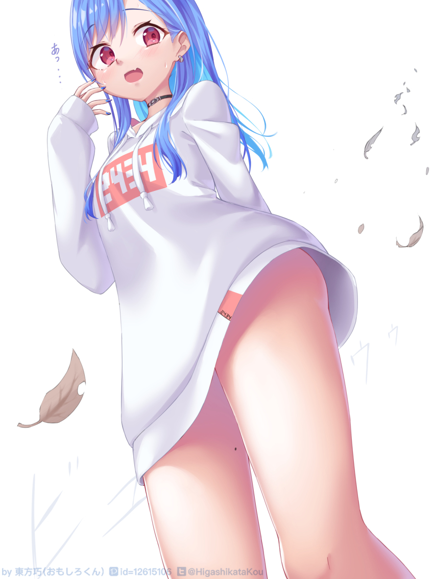 1girl, absurdres, amatou_(ko_me_9), arm_behind_back, black_choker, blue_hair, blush, choker