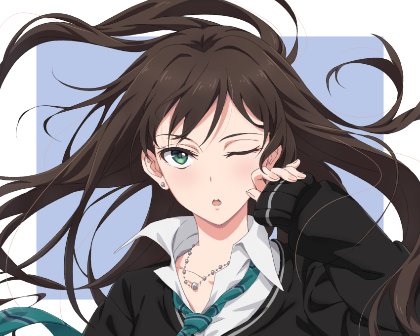 1girl, brown_hair, cardigan, chestnut_mouth, commentary_request, earrings, green_eyes, highres