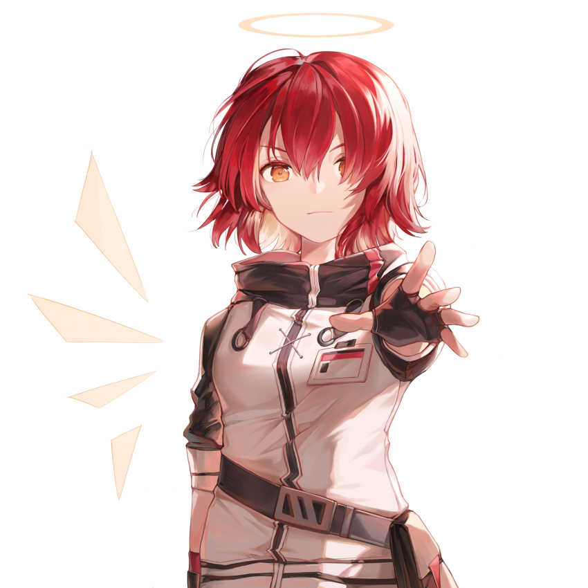 1girl, angel, arknights, black_gloves, blush, brown_eyes, commentary, detached_wings