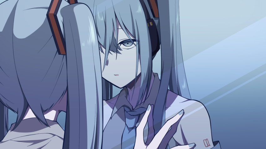 1girl, bare_shoulders, blue_eyes, blue_hair, blue_nails, blue_necktie, commentary, detached_sleeves