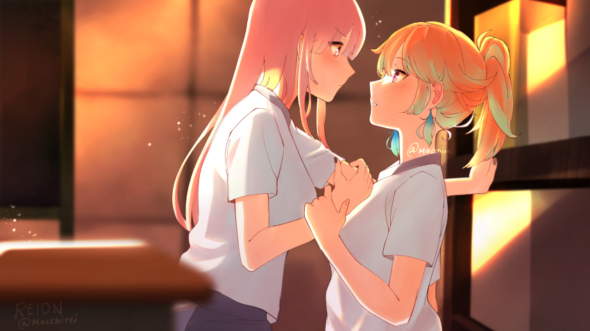 2girls, absurdres, blush, derivative_work, earrings, eye_contact, feather_earrings, feathers